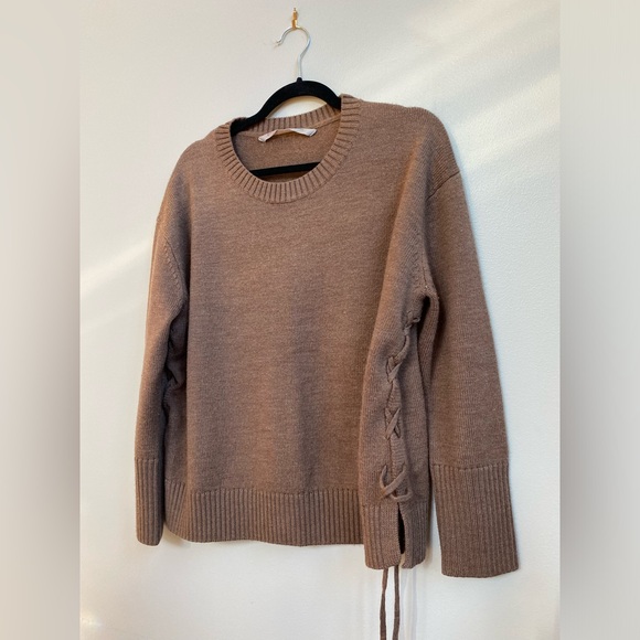 Athleta Womens M Sweater MERINO NOPA SWEATER Lace Up Brown Heather 100% Wool - Picture 5 of 9